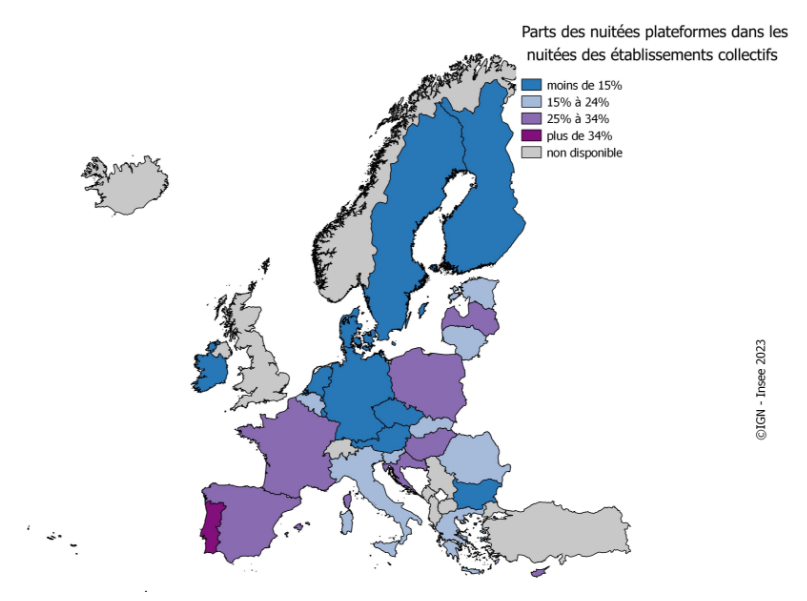 Figure 2 - Nombre de nuitées courts séjours réservés via des plateformes rapporté au nombre de nuitées dans des établissements collectifs (hôtels, campings et autres hébergements touristiques)